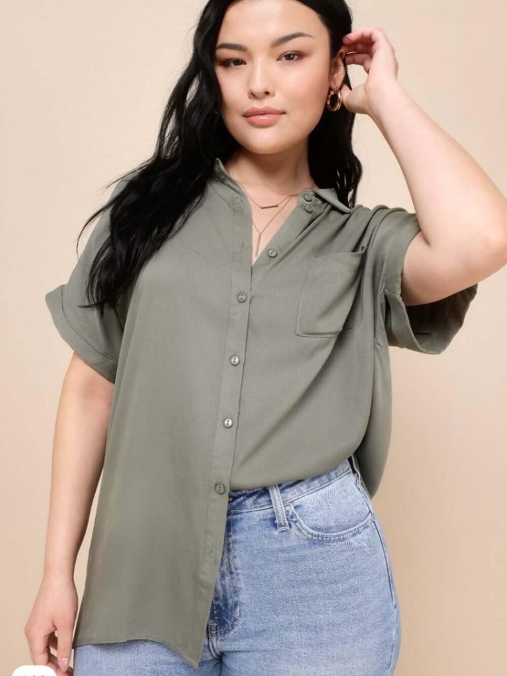 Lulus Blythe Olive Green Short Sleeve Button-Up Top